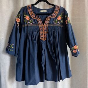 eShakti Dark Blue Tunic with Pink and Orange Floral Accents